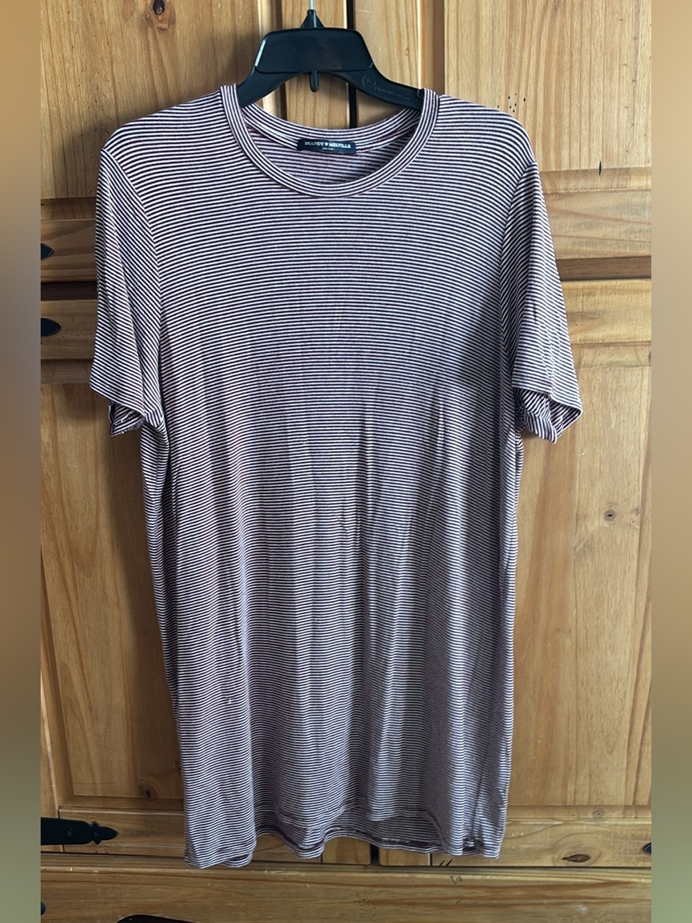 Brandy Melville womans Striped Crew Neck T-Shirt dress- Burgundy/White